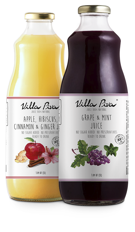 Apple, Hibiscus, Cinnamon and Ginger & Grape and Mint Juices Villa Piva 100% Natural 1.04 QT