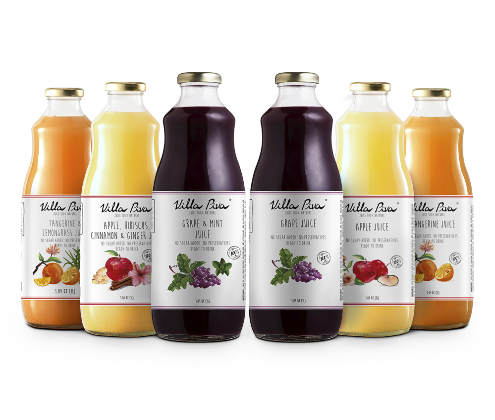 Grape, Apple, Tangerine, Grape and Mint, Apple, Hibiscus, Cinnamon and Ginger & Tangerine and Lemongrass Juices 100% Natural